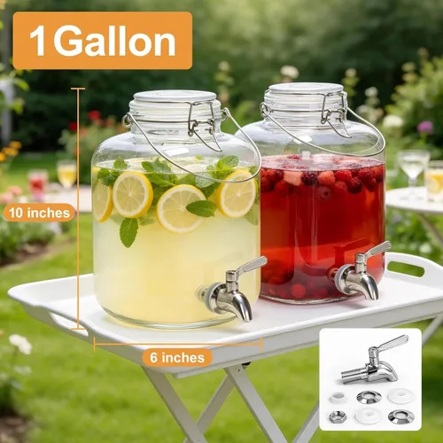 Vista 3 de Dispensador de bebidas de vidrio para fiestas, dispensador de bebidas de 1 galón con espita y asa, dispensador de agua de vidrio, dispensadores
