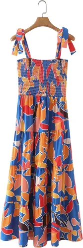 Vista 9 de Vestido largo de verano para mujer, estilo bohemio, con tirantes delgados, cuello cuadrado, con volantes, casual, para playa, fiesta