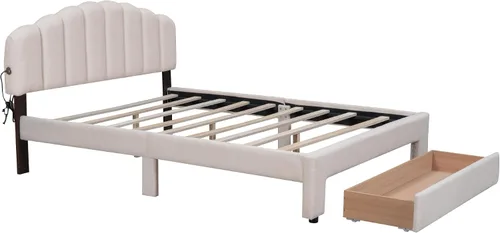 Vista 8 de Cama de plataforma tapizada tamaño Queen con un cajón de almacenamiento, base de cama LED inteligente multifuncional con cabecera de forro polar