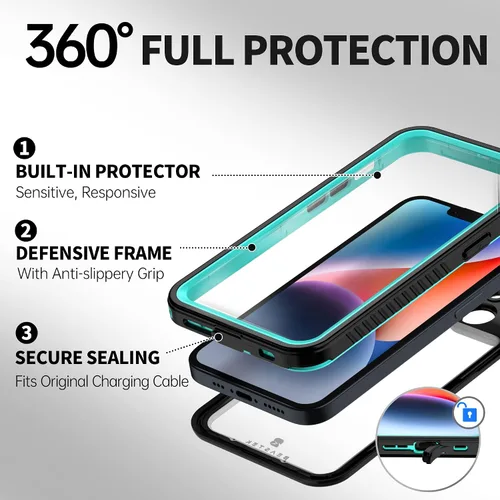 Vista 4 de BEASTEK Funda impermeable para iPhone 14 Plus, funda subacuática a prueba de golpes y polvo, serie FSN con protector de pantalla integrado con verde