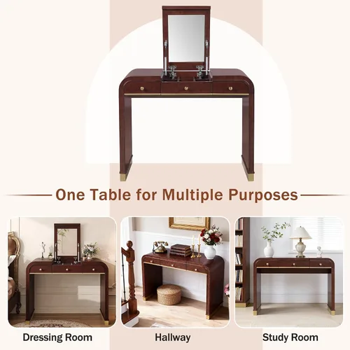 Vista 4 de JIJIWANG 3-in-1 Dressing Table with Flip Mirror,Classic Wood Vanity Desk with 2 Drawers and Storage Space for Bedroom,Espresso