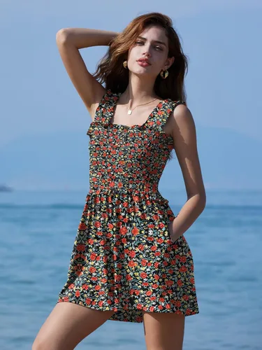Vista 3 de DEEP SELF Mameluco de verano sin mangas para mujer, cuello cuadrado, tirantes con volantes, con bolsillos