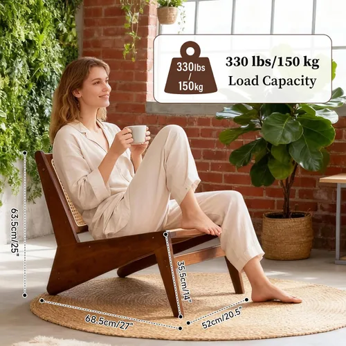 Vista 2 de Furlide Silla de Acento Mid-Century, Silla de Descanso de Ratán para Sala de Estar, Silla Lateral de Esquina Cómoda Boho para Dormitorio y Balcón