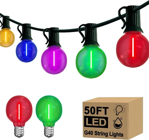 Vista 8 de Luces de Navidad Moradas y Naranjas, 25 pies, 27 unidades, luces de cadena LED G40 de Navidad, luces de decoración de interiores para patio al aire