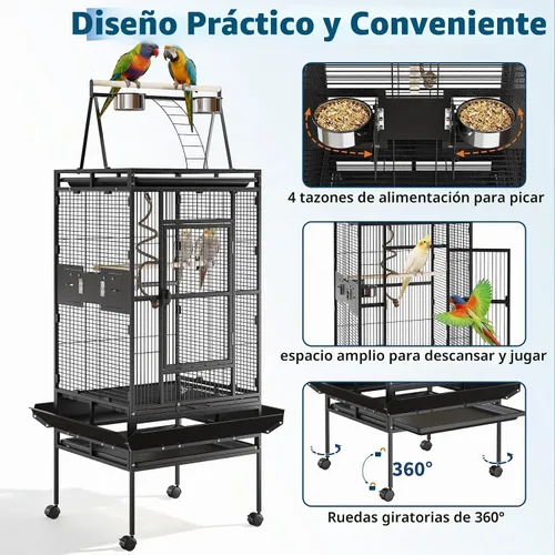 Vista 4 de Jaulas grandes de hierro forjado de 67 pulgadas con soporte rodante para cacatúas, loro, quáquero, conure, periquito, tortolito, canario, pequeño
