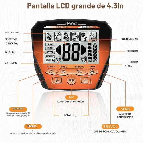 Vista 3 de OMMO Detector de metales para adultos, resistente al agua, oro y buscador Naranja
