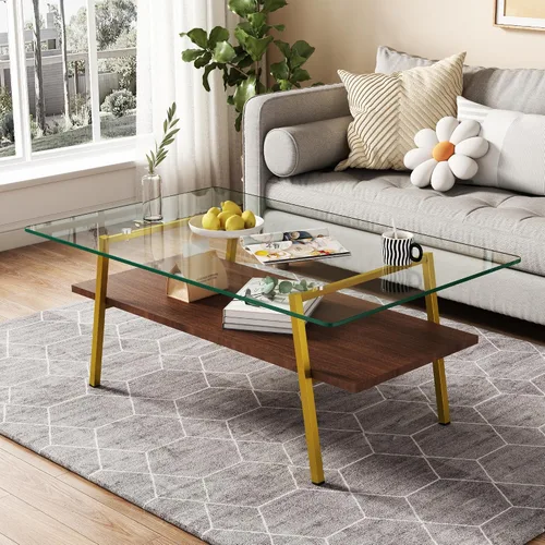 Vista 4 de IANIYA Mesa de centro de cristal para sala de estar, pequeña mesa auxiliar dorada de mediados de siglo para sala de estar con estantes de madera