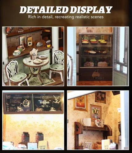 Vista 4 de Kit de rincón de libros DIY Cafetería Casa en miniatura Rompecabezas de madera 3D con luz LED, decoración de estantería pequeña kit de construcción