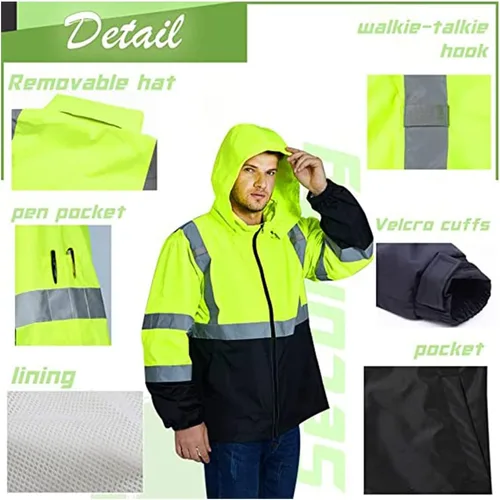 Vista 3 de Chaqueta reflectante de seguridad de alta visibilidad para hombres Hi Vis chaquetas de construcción Negro
