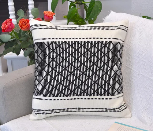 Vista 15 de Funda de almohada tejida de algodón, color verde oliva/blanco roto, 16 x 16 pulgadas (una sola pieza)