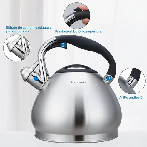 Vista 5 de Easyworkz Hervidor de té silbante de acero inoxidable de grado alimenticio con silbato fuerte, 2.4 cuartos de galón (2.3 l)
