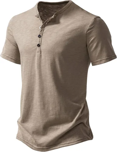 Vista 2 de LucMatton Camisa casual de manga corta para hombre, estilo Henley con 4 botones