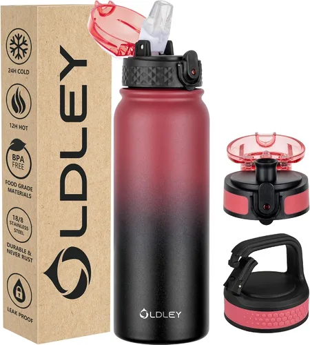 Vista 19 de Oldley Botella de Agua Aislada con Pajilla de 20oz, Botellas de Agua de Acero Inoxidable con 3 Tapas, Aislamiento al Vacío de Doble Pared Térmica