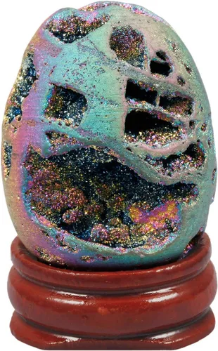 Vista 9 de TUMBEELLUWA Piedra preciosa de geoda de ágata druzy, cristal curativo de cuarzo Aura recubierto de titanio, con soporte de madera, decoración