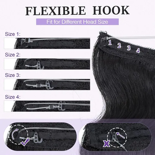 Vista 5 de Extensiones de cabello humano real, extensiones de cabello humano 100 % humano, extensiones de clip, ondulado, negro azabache 01, 2.46 oz/18 pulgadas