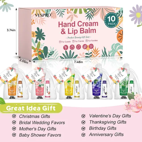 Vista 5 de VESPRO Paquete de 10 juegos de crema de manos y bálsamo labial a granel, regalos del día de la madre para mamá, regalos de agradecimiento al