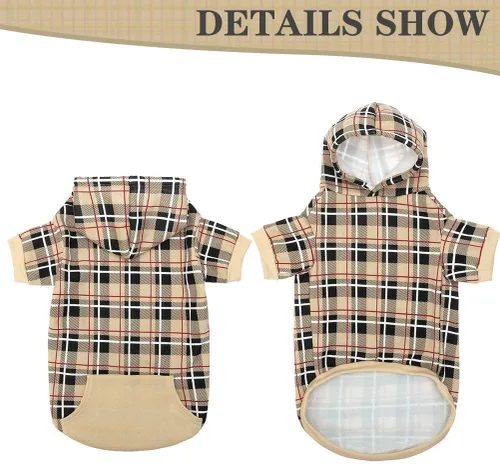 Vista 4 de EXPAWLORER Sudadera con capucha para perro a cuadros, estilo británico, suéter cálido para perro con agujero para correa, ropa de pitbull, ropa