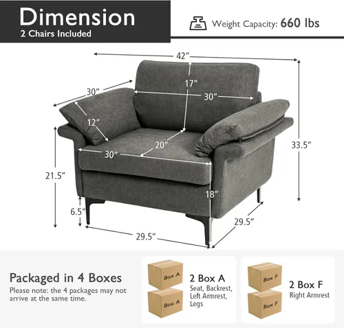 Vista 3 de Giantex Juego de 2 sofás individuales, silla decorativa, con cómodo cojín de 5 pulgadas, reposabrazos con cremallera, patas de acero, sillón de sala