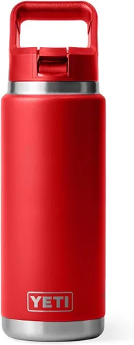 Vista 3 de YETI Rambler Botella de 26 onzas, aislada al vacío, de acero inoxidable, con tapa de popote a juego Rojo rescate