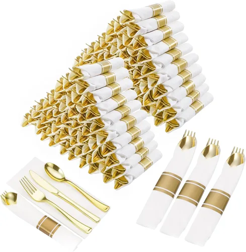 Vista 19 de Goodluck 100 Pack Pre Rolled Gold Plastic Silverware, Wrapped Cutlery