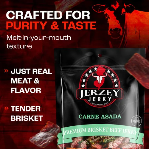 Vista 5 de Jerzey Jerky Carne Asada Brisket Jerky 2.5oz (2 Pack) – Bocadillos de carne de brisket asada con alto contenido en proteínas, sin gluten