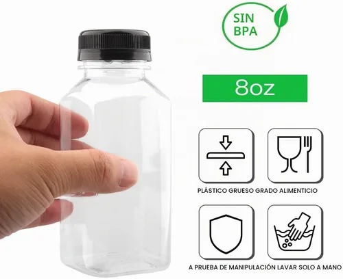 Vista 6 de Paquete de 12 botellas de plástico para jugo de 8 onzas con tapas negras de manipulación, botellas transparentes para batidos para bebidas caseras