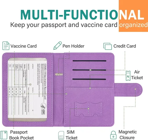 Vista 3 de Cartera de pasaporte mejorada y tarjetero de vacuna, multiusos, bloqueo RFID, cartera de cuero para pasaporte, soporte para tarjetas de vacuna CDC