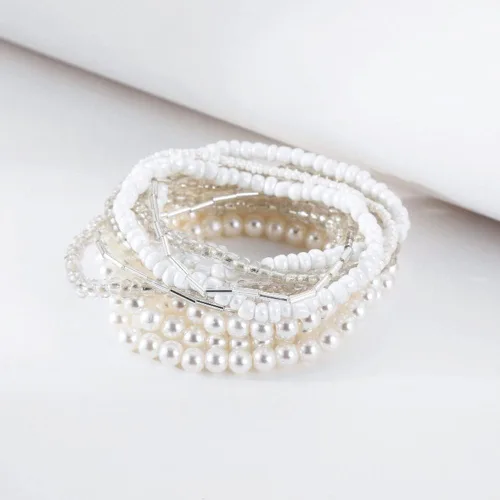 Vista 3 de Caiyao Juego de pulseras elásticas de perlas de imitación para mujer, multicapa con cuentas bohemias de semillas de arroz, hilo de perlas apilable