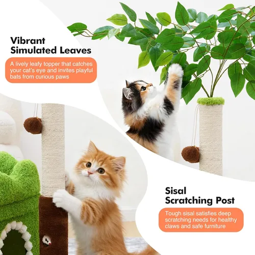 Vista 7 de Woochpet Árbol pequeño para gatos con poste rascador y pista de bolas, torre verde para gatos con hojas realistas para gatitos y gatos pequeños