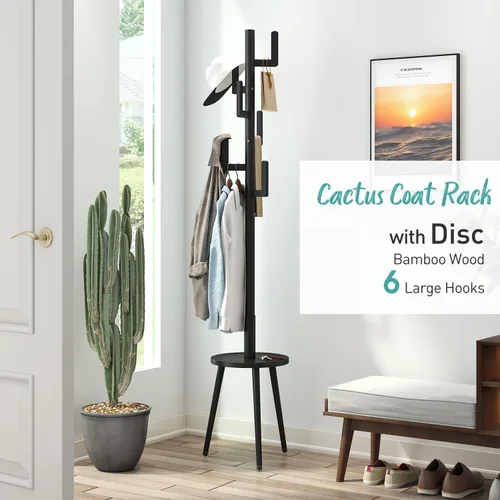 Vista 2 de Perchero de madera independiente con estante, árbol de abrigo de cactus de bambú, árbol de abrigo para ropa, bolsa/sombreros, soporte para entrada