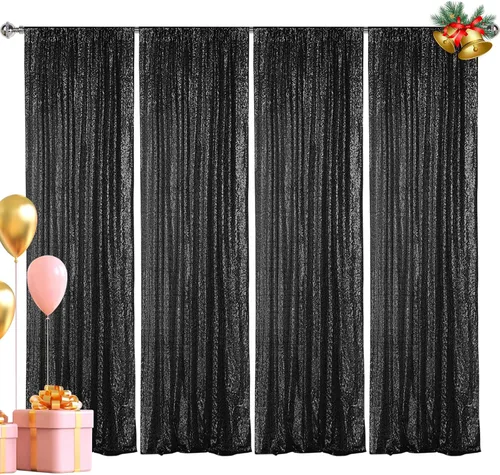 Vista 9 de Hahuho - Cortina de fondo de lentejuelas negras, 2 piezas de 2 pies x 8 pies, cortina de fondo con purpurina para fiestas, Navidad, boda, decoración