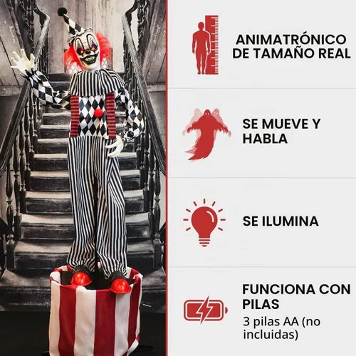 Vista 2 de Haunted Hill Farm Payaso parlante en el escenario Animatronic de Halloween