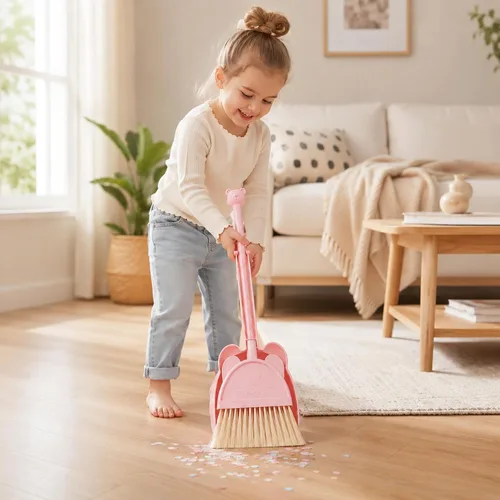 Vista 2 de Mini escoba con recogedor para niños, juego de pequeño ayudante de limpieza (rosa)