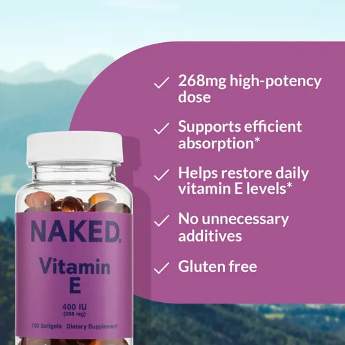 Vista 4 de Naked Vitamina E 400 UI – Suplemento natural de vitamina E con tocoferoles mixtos para apoyo antioxidante y salud de la piel – 100 cápsulas blandas
