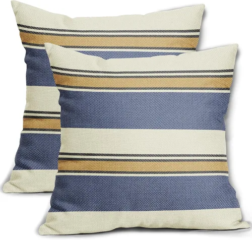 Vista 38 de Juego de 2 fundas de almohada a rayas negras y marrones de 16 x 16 pulgadas, diseño de rayas bohemias con estampado de rayas color crema, fundas