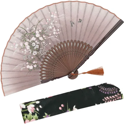 Vista 19 de OMyTea, abanico desplegable con motivo de flores de yuyos (8.27 pulgadas - 21 centímetros) con funda de tela para protección, estilo chino/japonés