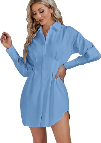 Vista 3 de LYANER Minivestido camisero acampanado de manga larga plisada con botones y cuello para mujer