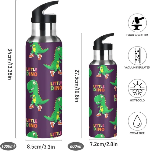Vista 2 de Lindos tenis de dinosaurio de dibujos animados verdes de acero inoxidable con aislamiento al vacío, botella de agua de 32 onzas, botella de agua