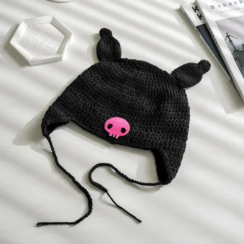 Vista 4 de Crochet Kurom Beanie Knit Bunny Hat con orejas Y2k Skull Caps para disfraz de Halloween Cosplay