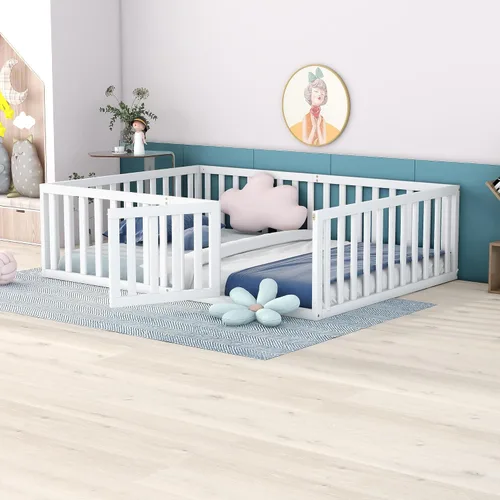 Vista 3 de Harper & Bright Designs Cama de suelo Montessori de tamaño matrimonial con rieles, marco de madera con valla y puerta, para niños y niñas (blanco)