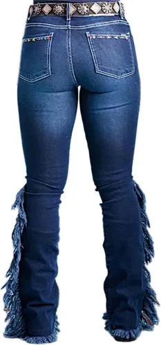 Vista 3 de Flamingals Jeans de corte de bota con dobladillo sin procesar con flecos laterales bordados para mujer, sin cinturón, pantalones casuales
