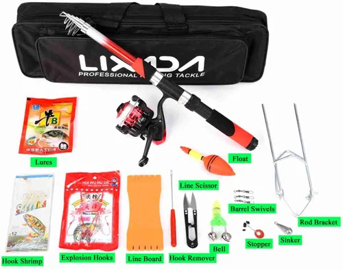 Vista 3 de Kit completo de carrete de caña de pescar con 2 cañas de pescar telescópicas de 6.9 ft, 2 carretes de señuelos de pesca ganchos accesorios bolsa
