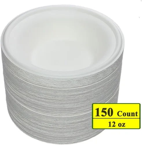 Vista 2 de Paquete de 150 cuencos redondos desechables de 12 onzas, ecológicos, 100% caña de azúcar, biodegradable, compostable, sin bagazo, sin plástico (150)