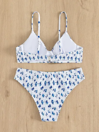 Vista 2 de MakeMeChic Conjunto de bikini de 2 piezas para mujer, traje de baño de triángulo fruncido con estampado floral