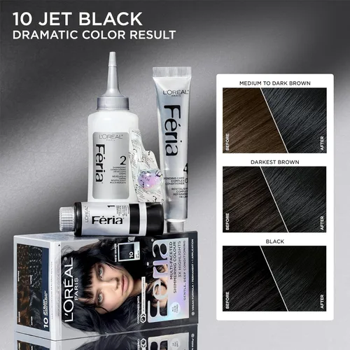 Vista 3 de L'Oreal Paris Feria - Tinte permanente brillante multifacético para el cabello, tinte de alta intensidad para reflejos 3X, 10 negro azabache