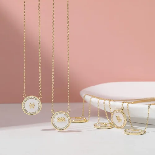 Vista 7 de Collar con colgante de signo del zodiaco de oro, chapado en oro de 14 quilates, circonita cúbica de Fritillaria sintética, 12 constelaciones