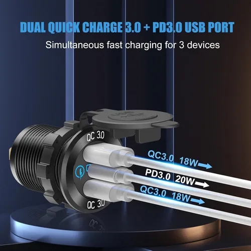 Vista 2 de Cargador de aluminio USB de 12 V PD 3.0 tipo C y doble carga rápida 3.0 puerto USB múltiple impermeable de 12 V/24 V USB con interruptor táctil, kit