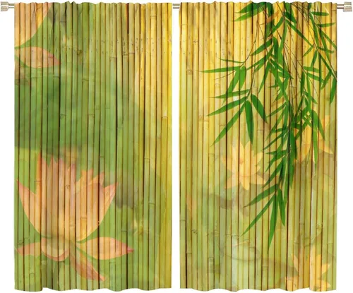 Vista 58 de Cortinas con estampado de bambú, tallos y hojas de bambú, temática oriental natural, oscurecimiento de habitación, ventana, ventana, cortina
