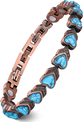 Vista 14 de Feraco Pulseras de Cobre Puro para Mujeres, Pulsera Magnética de Ultra Fuerza con Imanes de 3800 Gauss y Turquesa Natural y Piedras, Ajustable