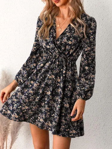 Vista 4 de CUPSHE Mini vestido floral con cuello en V para mujer, manga larga, línea A